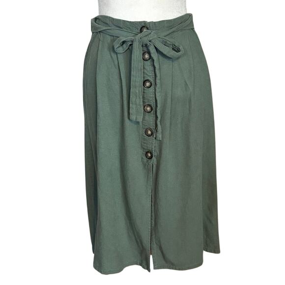 Cali 1850 Dresses & Skirts - Cali 1850 Size M Midi Skirt Green Button Front Tie Waist Linen Blend